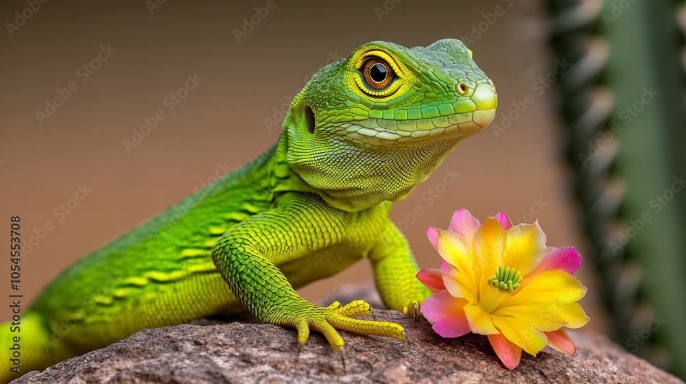A green lizard with a yellow and pink flower in front of him. A green lizard with a yellow and pink flower in front of him.