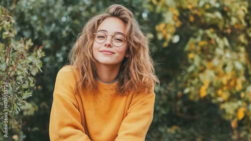 A young woman with glasses conveys warmth and joy while surrounded by colorful autumn foliage