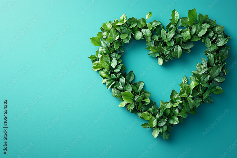 An eco-friendly heart made from fresh green leaves on a vibrant turquoise backdrop symbolizing sustainability and nature An eco-friendly heart made from fresh green leaves on a vibrant turquoise backdrop symbolizing sustainability and nature