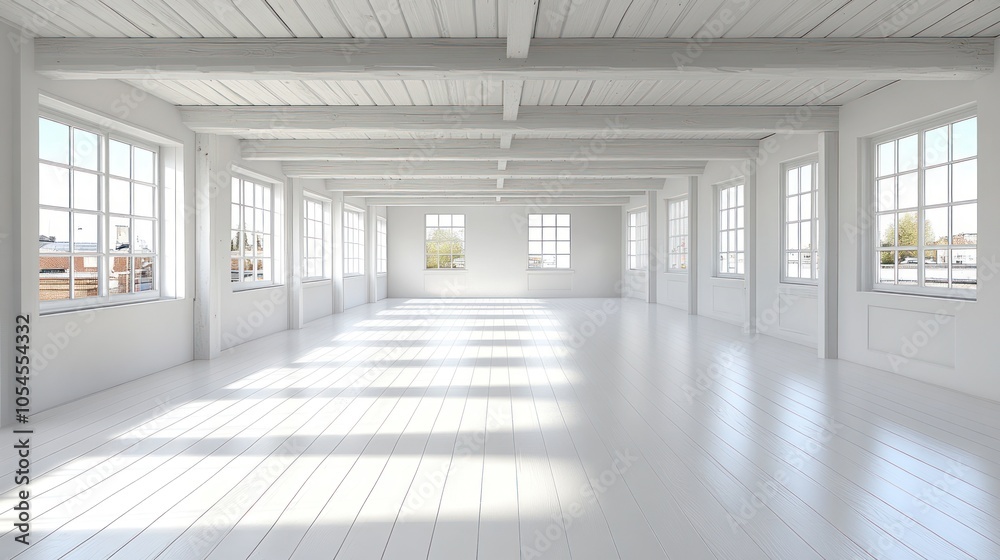 Empty white room with wooden beams and large windows. Empty white room with wooden beams and large windows.