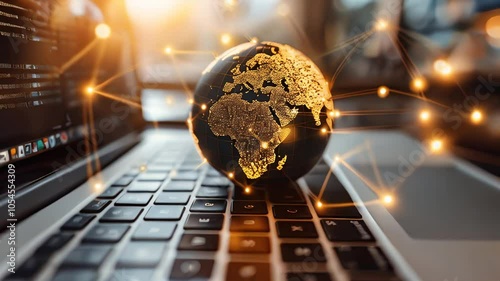 Laptop with glowing globe and coding screen on wooden table. Created with Generative AI