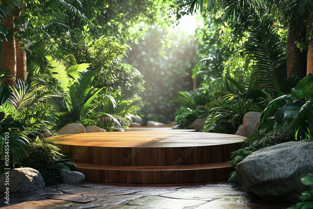 A serene outdoor presentation setup featuring a wooden podium surrounded by lush greenery and natural light in a tranquil forest setting A serene outdoor presentation setup featuring a wooden podium surrounded by lush greenery and natural light in a tranquil forest setting