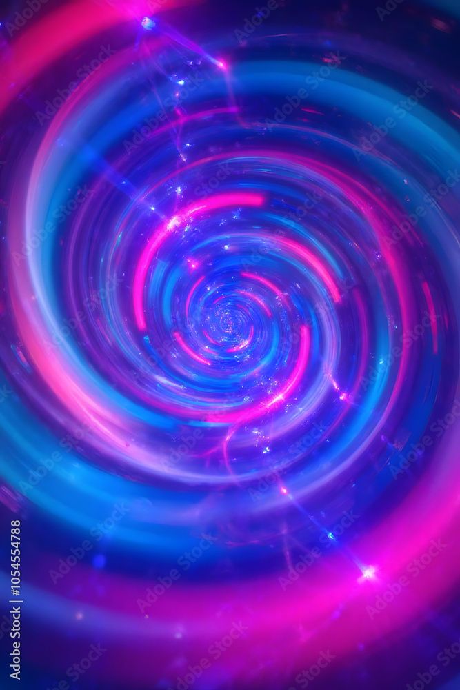 Vivid neon swirl tunnel with futuristic light trails and sparkling effects