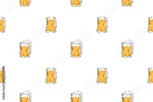 Beer glass, mug vector line illustration doodle food drink alcohol bar pub seamless pattern textile design wrapping paper Octoberfest holidays weekend barbecue 