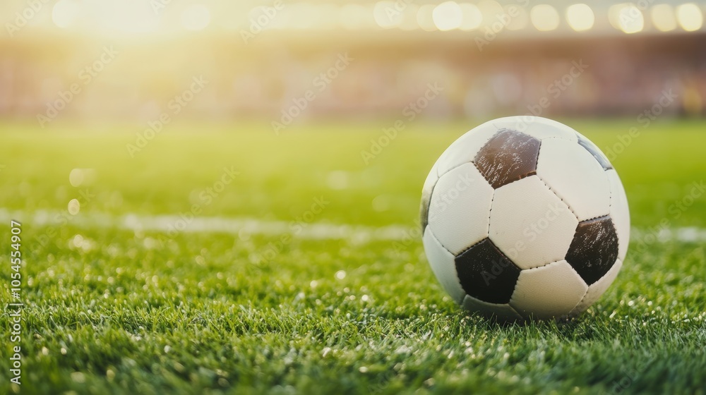 Fototapeta premium closeup of a soccer ball on a lush green field during a sunset 