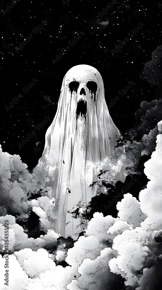 A ghost with evil eyes floating in the clouds, with telekinesis, negative space, monochrome patterns, a cheap photocopy aesthetic, risograph textures, and halftone effects in black and white. A ghost with evil eyes floating in the clouds, with telekinesis, negative space, monochrome patterns, a cheap photocopy aesthetic, risograph textures, and halftone effects in black and white.