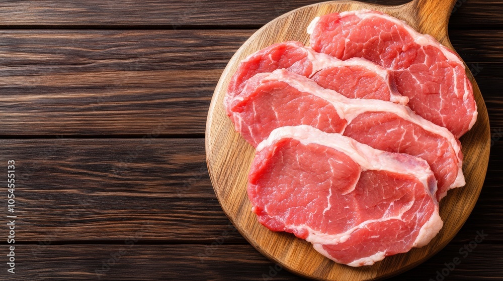 Freshly sliced pork chops on a wooden cutting board ready for cooking Freshly sliced pork chops on a wooden cutting board ready for cooking