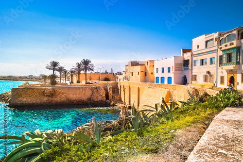 View of the medina buildings and the remains of the ancient defensive walls, Mahdia, Tunisia.