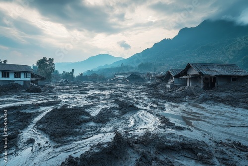 Devastated valley landscape post volcanic eruption with homes ravaged by mudflow disaster photo