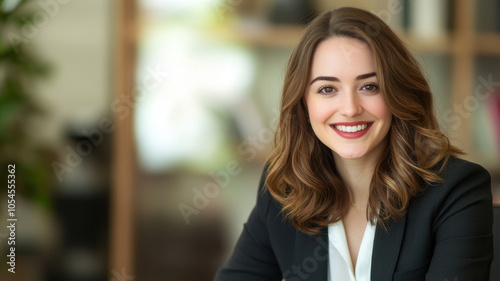 Smiling Businesswoman in Modern Office Setting.