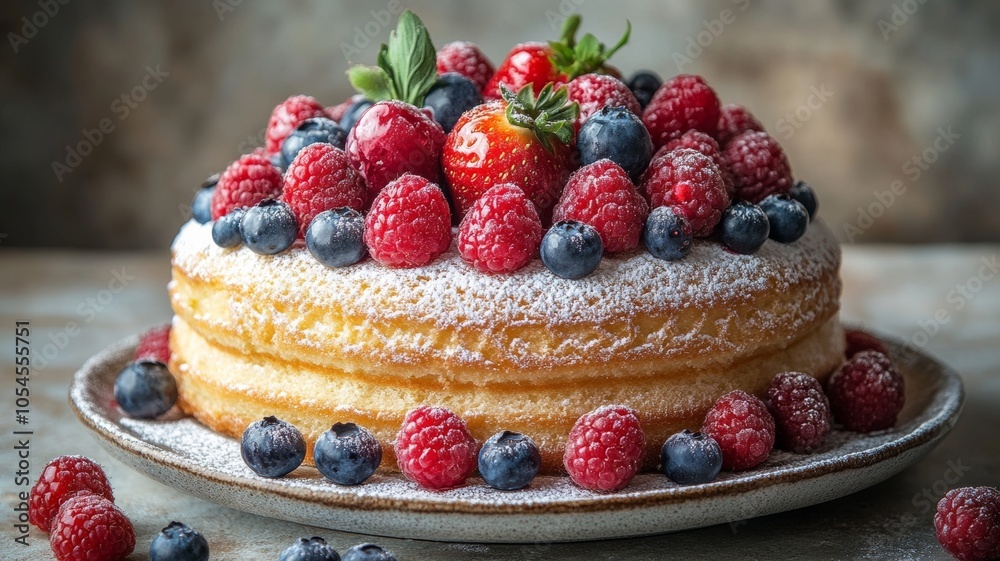 A crinkle cake topped with a handful of fresh berries--strawberries, blueberries, and raspberries--set against a light, neutral background