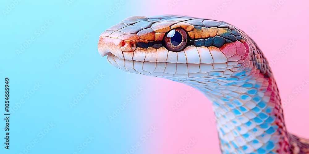 Fototapeta premium Close-up of colorful snake against pink and blue gradient