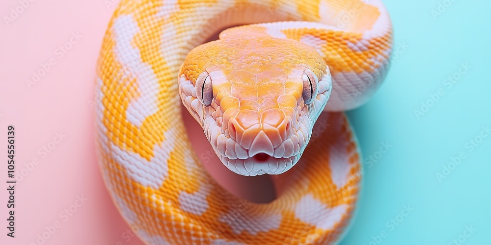 Fototapeta premium Yellow python on pink and blue gradient background