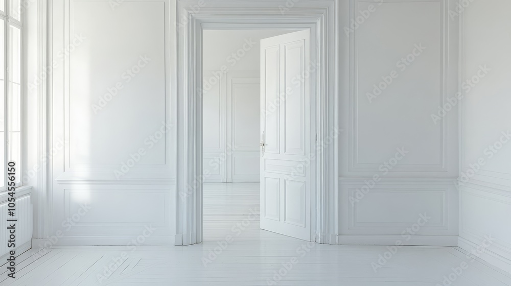 Fototapeta premium Open Door to a New Beginning: A minimalist shot of a white room, bathed in soft light, features a single open door, symbolizing opportunity, transition, and a fresh start.
