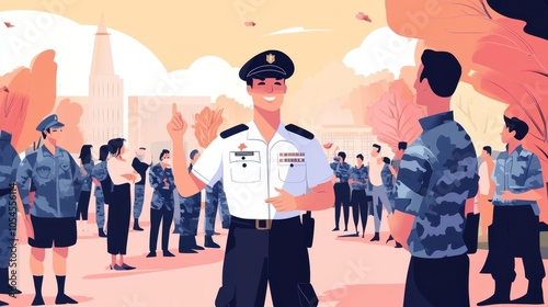 Police Officer Leading a Group of People in a Community Event