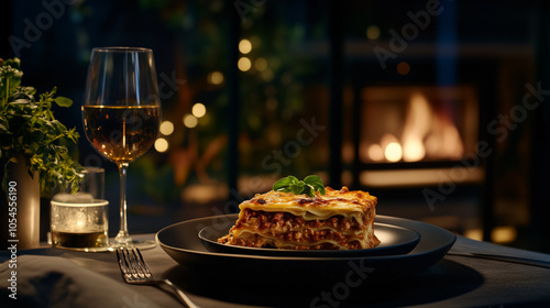 Cozy Dinner With Lasagna and Wine