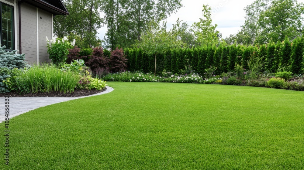 Obraz premium Lush green lawn surrounded by vibrant landscaping in a serene backyard setting