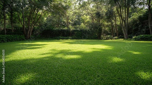 Lush green lawn surrounded by vibrant landscaping in a serene backyard setting