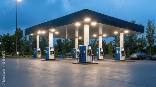 A gas station features glowing fuel pumps set against a backdrop of an evening sky and surrounding trees, highlighting urban convenience and accessibility at dusk photo