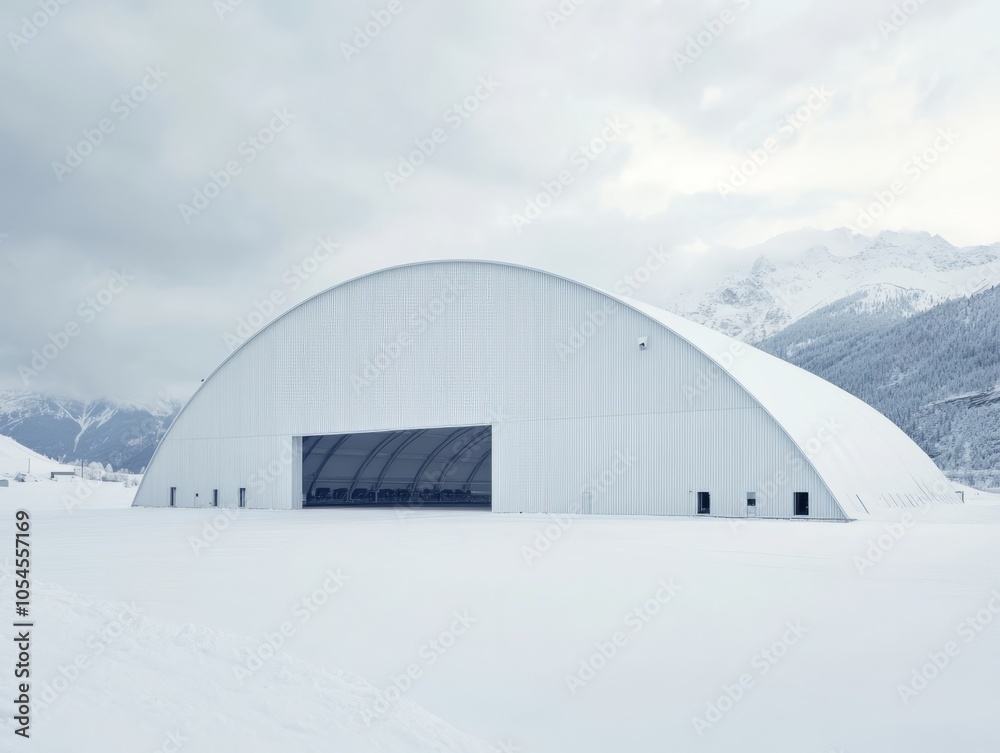 A sleek and spacious industrial hangar with a matte white exterior A sleek and spacious industrial hangar with a matte white exterior