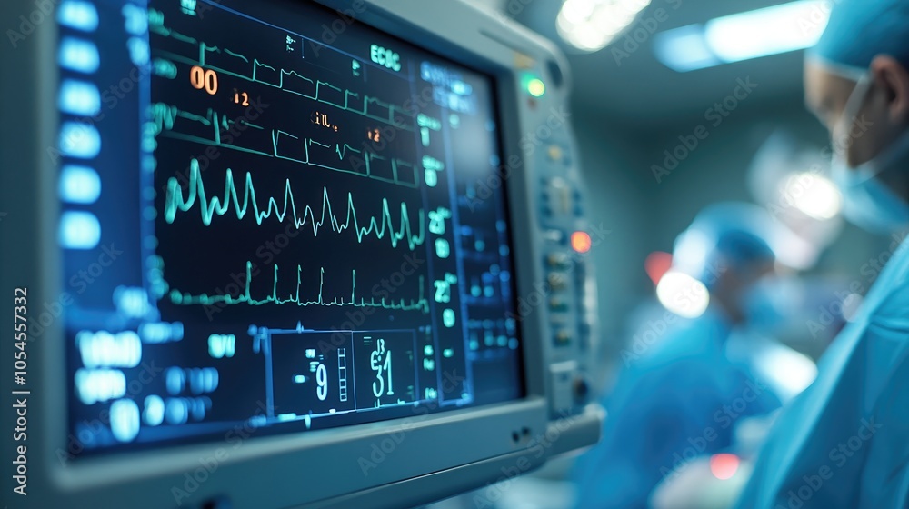 Close-Up of Medical Monitor Displaying Vital Signs in a Modern Operating Room with Surgeons in the Background Close-Up of Medical Monitor Displaying Vital Signs in a Modern Operating Room with Surgeons in the Background
