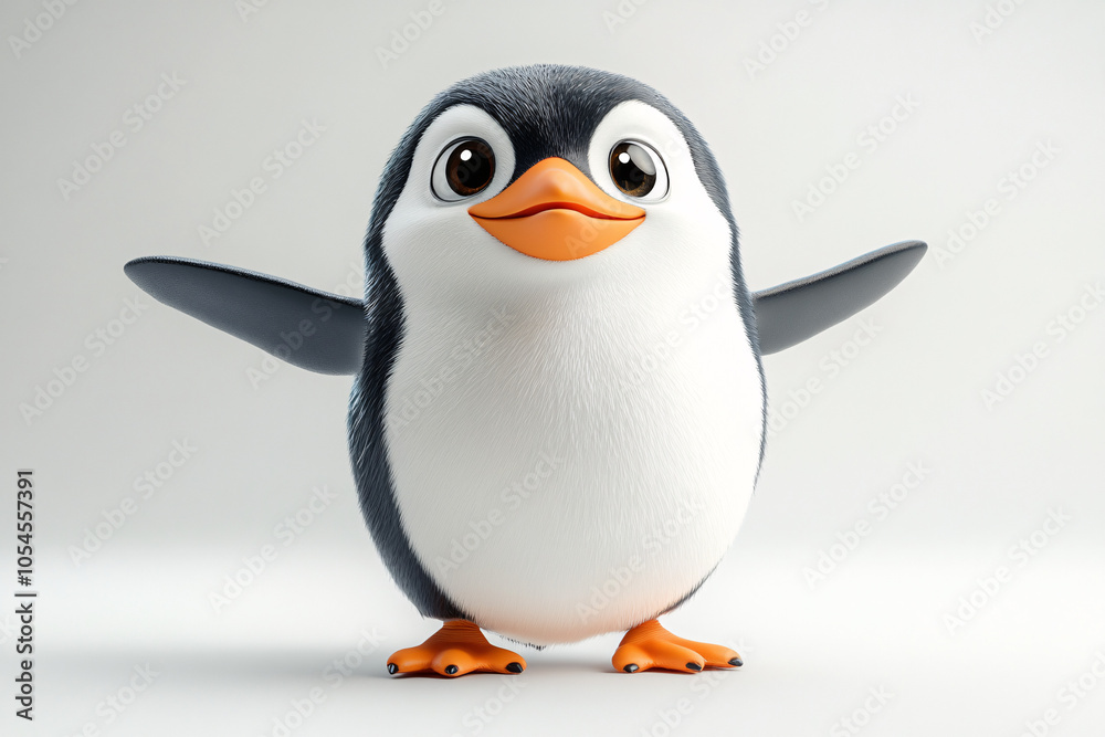 Fototapeta premium A cheerful cartoon penguin waving joyfully, perfect for children's events, winter themes, or greeting cards. Ideal for playful designs and festive decor.