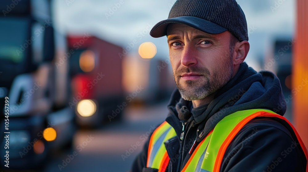 Confident Truck Driver in Safety Vest Standing in Front of Semi-Trucks at a Busy Industrial Freight Yard During Dusk Confident Truck Driver in Safety Vest Standing in Front of Semi-Trucks at a Busy Industrial Freight Yard During Dusk