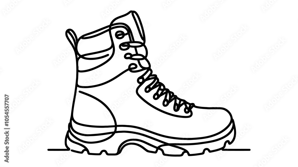 One continuous line illustration of hiking boots, isolated on white background. One continuous line illustration of hiking boots, isolated on white background.