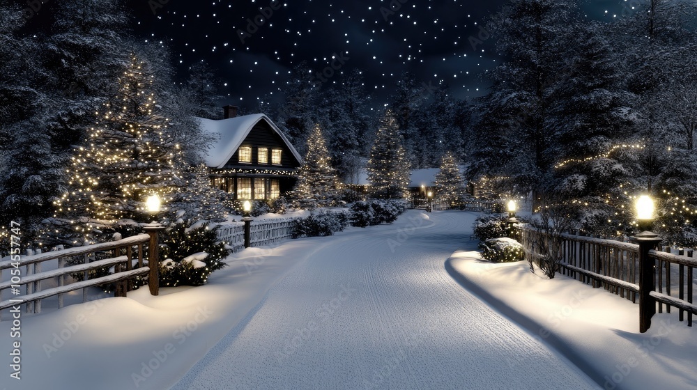 Warm white lights adorn the snow-covered trees flanking a pathway leading to a charming house, creating a festive and inviting atmosphere during the winter holidays Warm white lights adorn the snow-covered trees flanking a pathway leading to a charming house, creating a festive and inviting atmosphere during the winter holidays