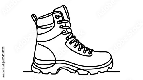 One continuous line illustration of hiking boots, isolated on white background.