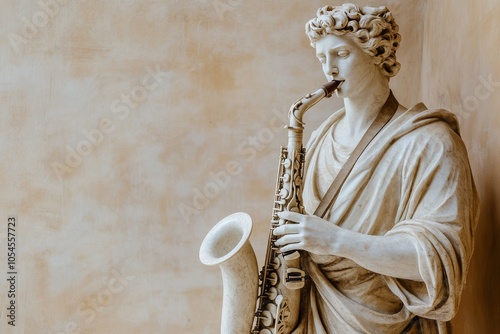 Classic marble statue of a man in drapery playing saxophone against a warm beige background photo