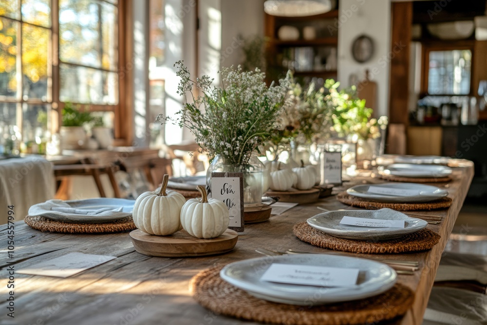 rustic table decor, earthy-toned place settings with handmade coasters and small white pumpkins as name card holders in a sunlit dining area rustic table decor, earthy-toned place settings with handmade coasters and small white pumpkins as name card holders in a sunlit dining area