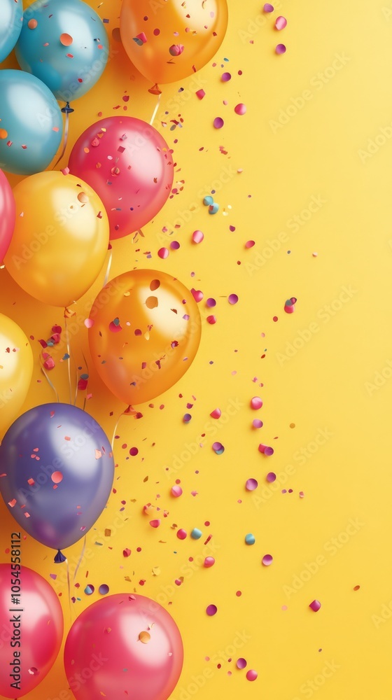 Colorful Balloons and Confetti on Yellow Background Colorful Balloons and Confetti on Yellow Background
