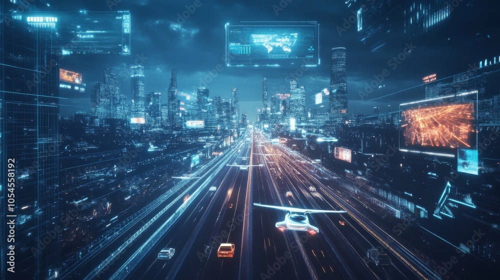 A sleek, futuristic city skyline with flying cars and holographic billboards, symbolizing technological advancement, concept future technology 