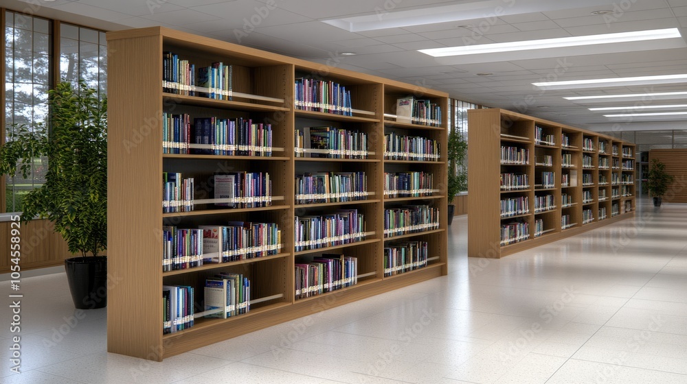 Large wooden bookshelves filled with books create a tranquil atmosphere in a modern library with a white tile floor Large wooden bookshelves filled with books create a tranquil atmosphere in a modern library with a white tile floor
