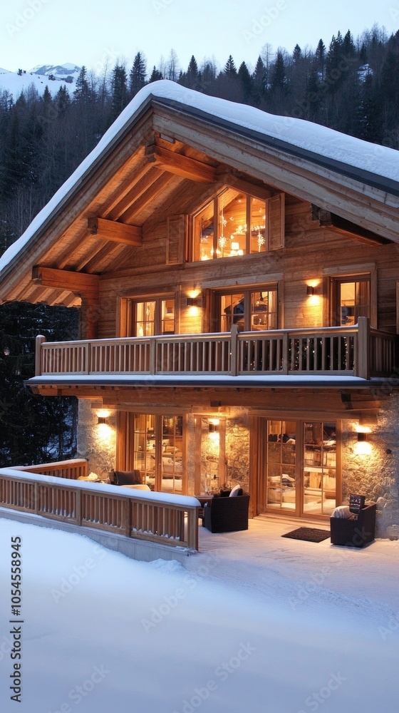Fototapeta premium The charming house is adorned with twinkling lights, creating a warm and inviting atmosphere amid a snow-covered yard on a serene winter evening