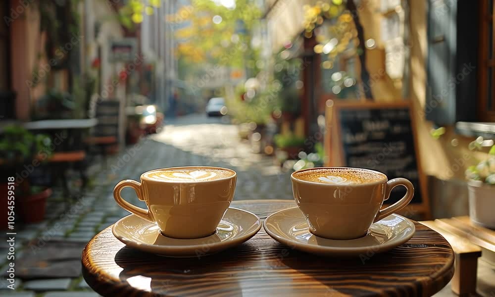 Two cups of coffee on a table, warm sunlight, quaint street background, concept of relaxation Two cups of coffee on a table, warm sunlight, quaint street background, concept of relaxation