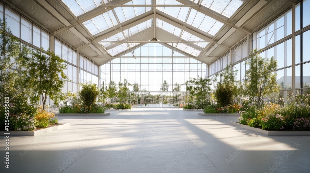 Modern Greenhouse Architecture: Sunlight streams through a vast glass roof, illuminating a serene indoor garden with lush greenery and a sense of tranquility. Modern Greenhouse Architecture: Sunlight streams through a vast glass roof, illuminating a serene indoor garden with lush greenery and a sense of tranquility.