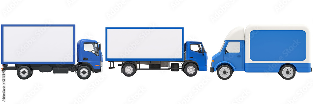 A series of blue delivery trucks in different sizes, all featuring blank sides suitable for branding or advertising. A series of blue delivery trucks in different sizes, all featuring blank sides suitable for branding or advertising.