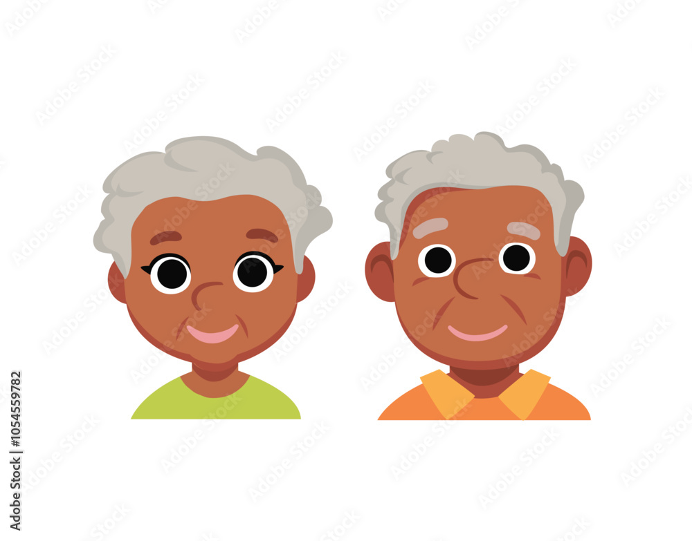 Portrait of happy old african american, african senior couple, grandparents together. Aged man and woman. Two senior people Relatives generations grandma grandpa. Vector isolated illustration. Flat Portrait of happy old african american, african senior couple, grandparents together. Aged man and woman. Two senior people Relatives generations grandma grandpa. Vector isolated illustration. Flat