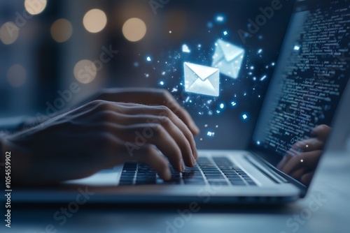 Close up of hands typing on laptop with text message on screen in a blurred office background