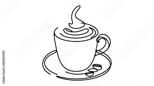 One continuous line illustration of a coffee mug with a heap of foam, isolated on white background.