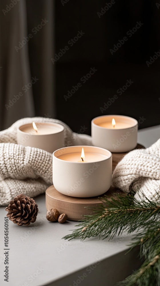 Two lit scented candles sit next to pine cones on a dark wooden table, complemented by a soft knitted blanket, creating a warm and inviting atmosphere for winter Two lit scented candles sit next to pine cones on a dark wooden table, complemented by a soft knitted blanket, creating a warm and inviting atmosphere for winter
