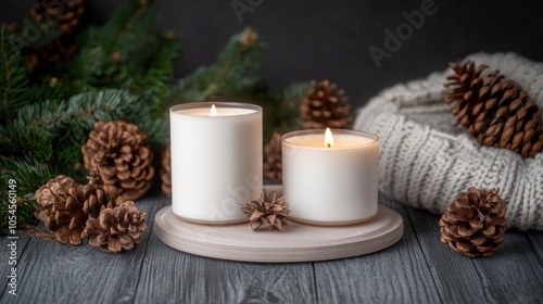 Two lit scented candles sit next to pine cones on a dark wooden table, complemented by a soft knitted blanket, creating a warm and inviting atmosphere for winter