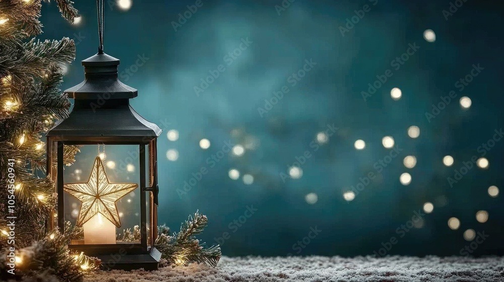 A beautifully designed lantern featuring a star ornament is suspended next to a decorated pine tree, creating a warm and festive atmosphere suitable for the holiday season A beautifully designed lantern featuring a star ornament is suspended next to a decorated pine tree, creating a warm and festive atmosphere suitable for the holiday season