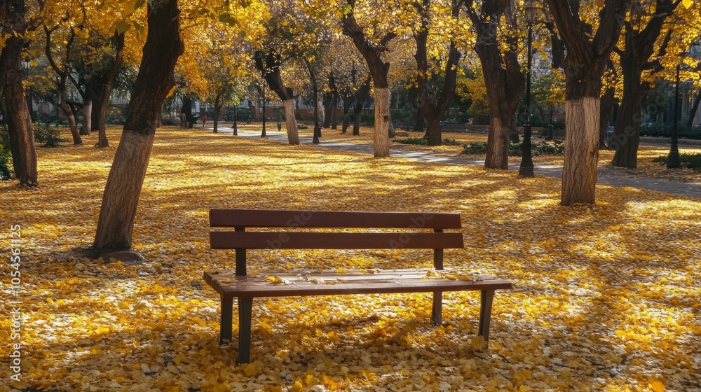Serene Autumn Park Scene with Wooden Bench Surrounded by Golden Leaves Serene Autumn Park Scene with Wooden Bench Surrounded by Golden Leaves