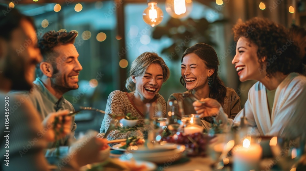 A family gathered around the dinner table, sharing a meal and laughing A family gathered around the dinner table, sharing a meal and laughing