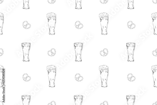 Beer glass, mug vector line illustration doodle food drink alcohol bar pub seamless pattern, bertzel, salted snack, textile design wrapping paper Octoberfest holidays weekend barbecue 