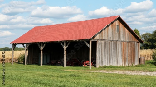 A traditional industrial hangar tent with a striking red roof and wooden accents. The structure is set in a rustic farm environment