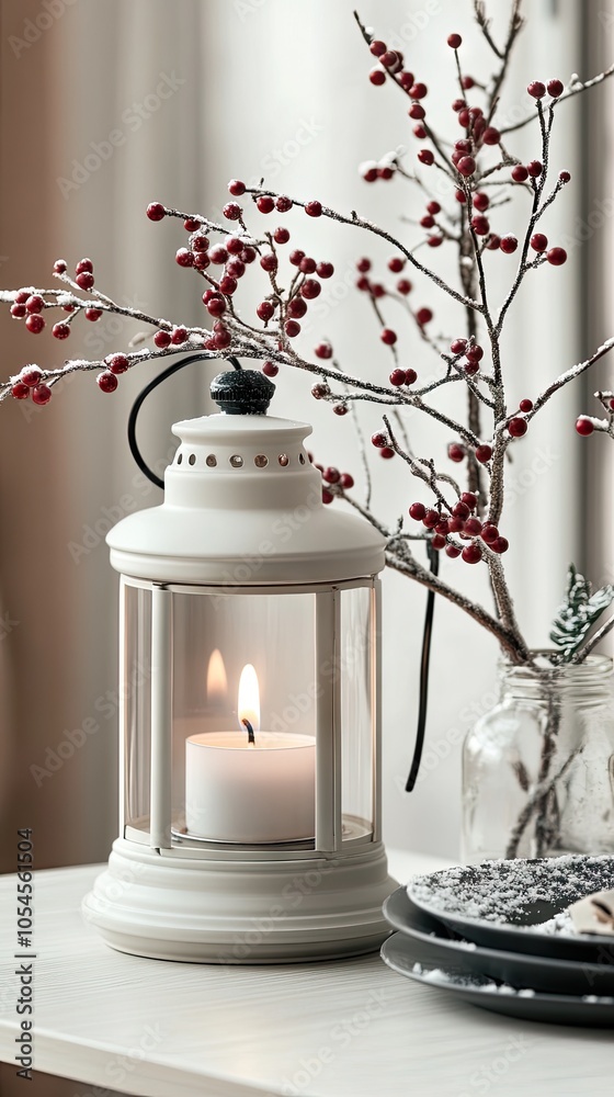 This winter lantern features a warm candlelight surrounded by snowy pine branches and vibrant red berries, creating a charming holiday atmosphere This winter lantern features a warm candlelight surrounded by snowy pine branches and vibrant red berries, creating a charming holiday atmosphere